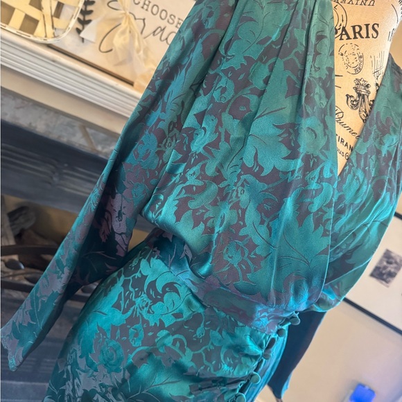 Teal Green Gray Floral Glam Dress Medium 6 8 Dolman Buttons Long Sleeve Silk - Picture 8 of 11